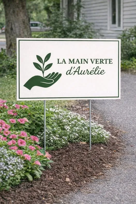 Affiche La Main Verte d’Aurélie plantée dans une plate-bande fleurie
