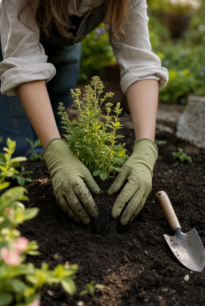 Mains gantées plantant une vivace dans une plate-bande