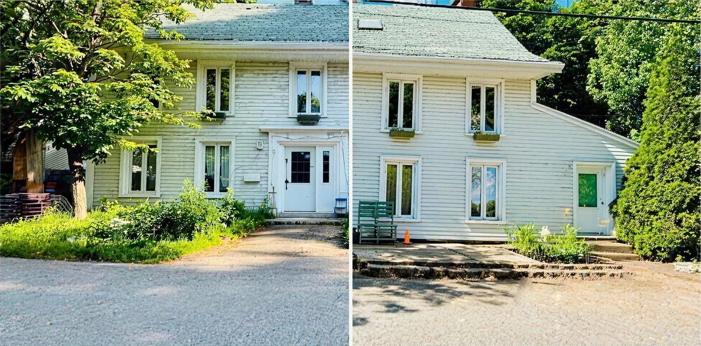 Façade d’une résidence à Québec, moitié avant et moitié après la remise en valeur de ses plates-bandes
