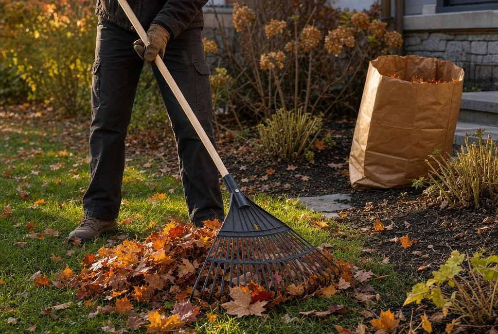 Ramassage des feuilles d’automne au râteau, à côté d’une plate-bande
